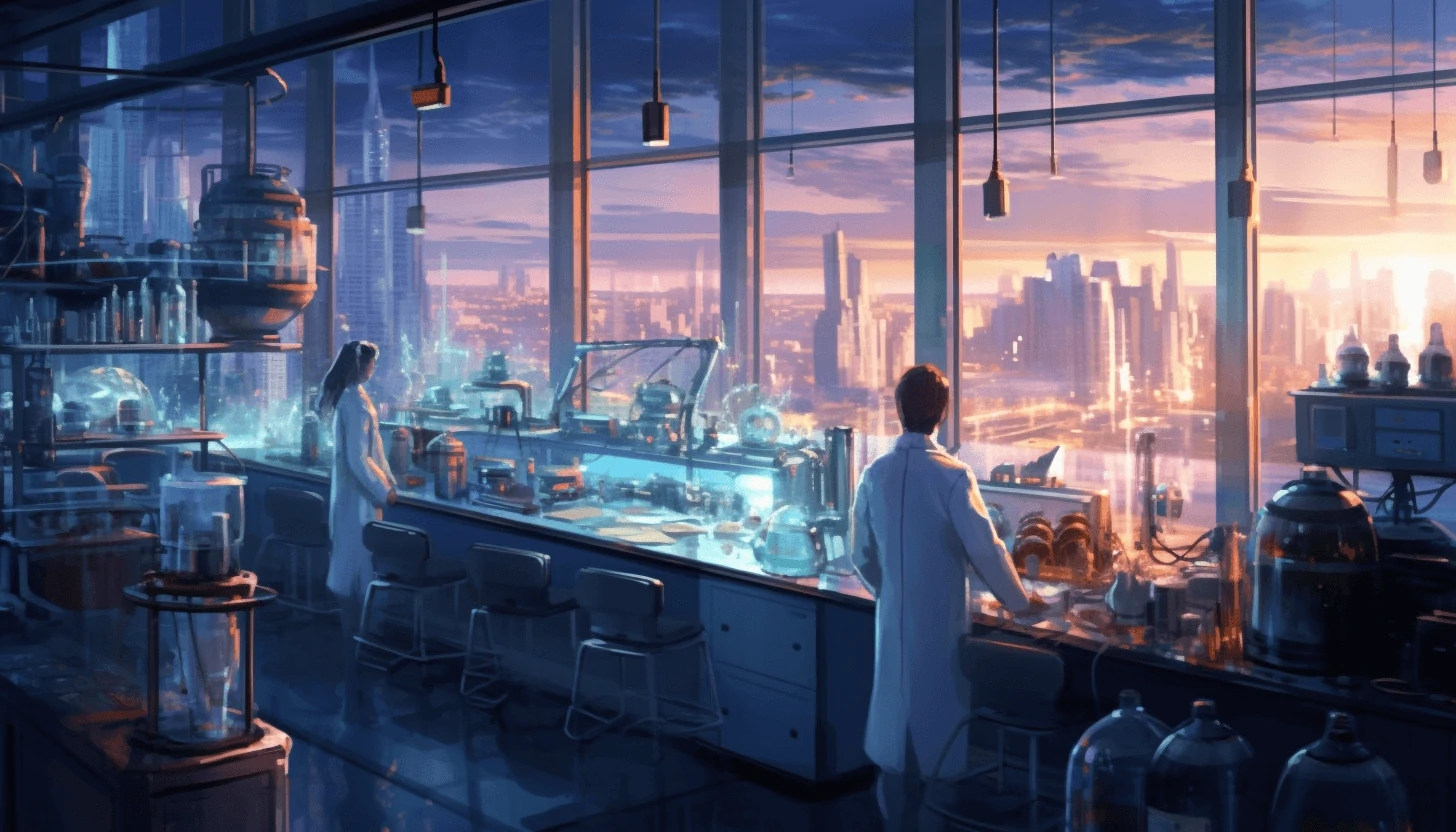 Generated by Midjourney: science lab with chemistry equipment, computers lining the walls, robot helpers doing tasks around the lab, view of a city in background, impressionist, futuristic, optimistic